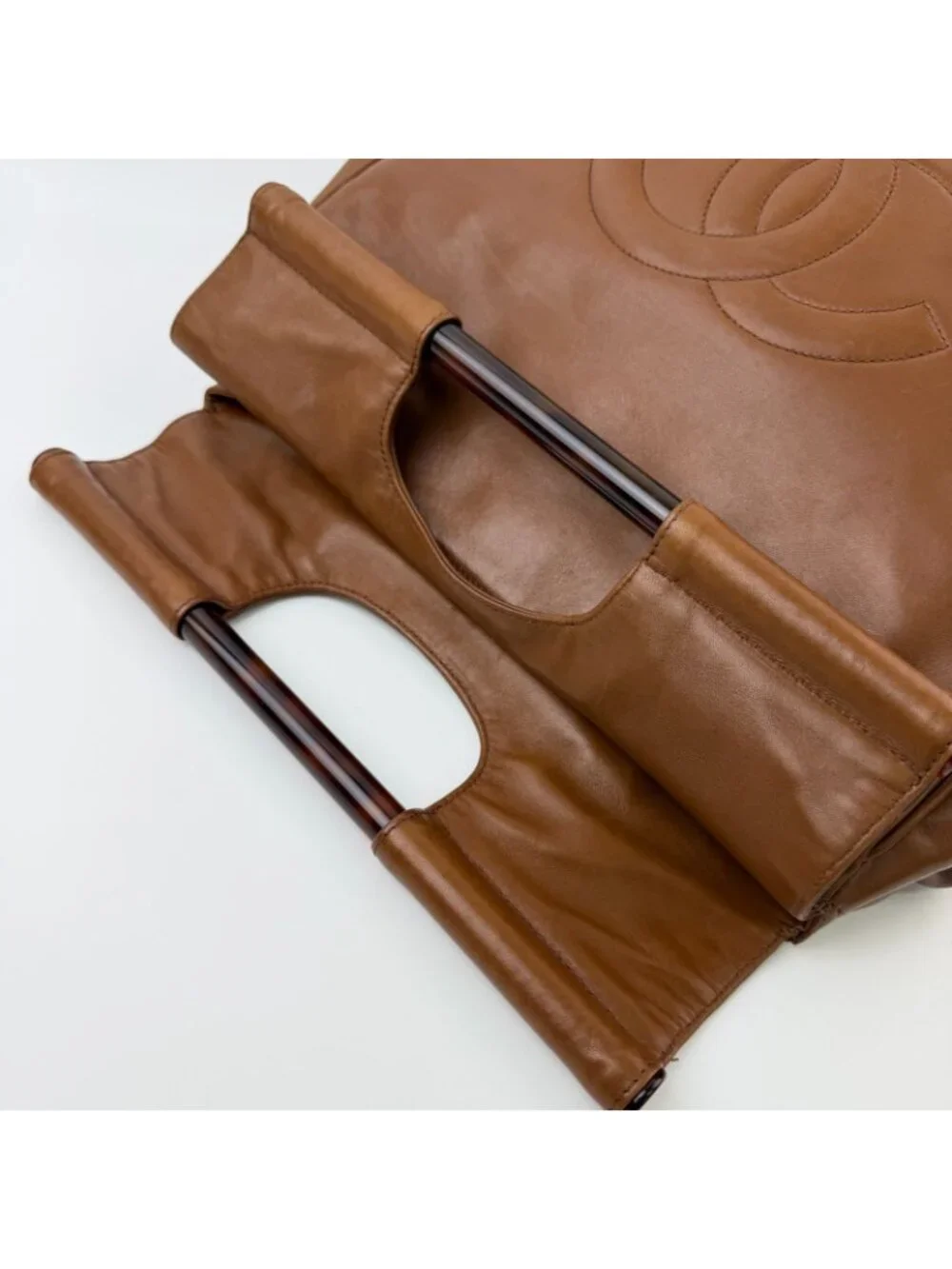 Chanel CC Logo Cutout Handle Handbag Leather Brown Seal Vintage